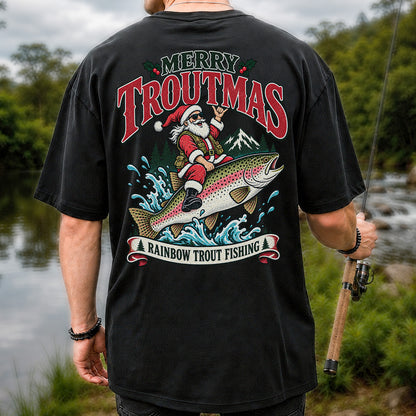 Merry Troutmas Santa Riding a Rainbow Trout Christmas Fishing T-Shirt | Back Print