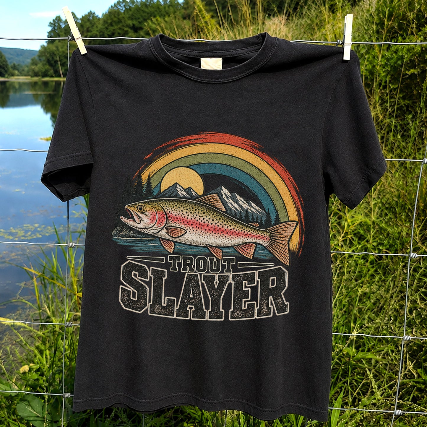 Trout Slayer Rainbow Trout Mountain Fishing Graphic T-Shirt