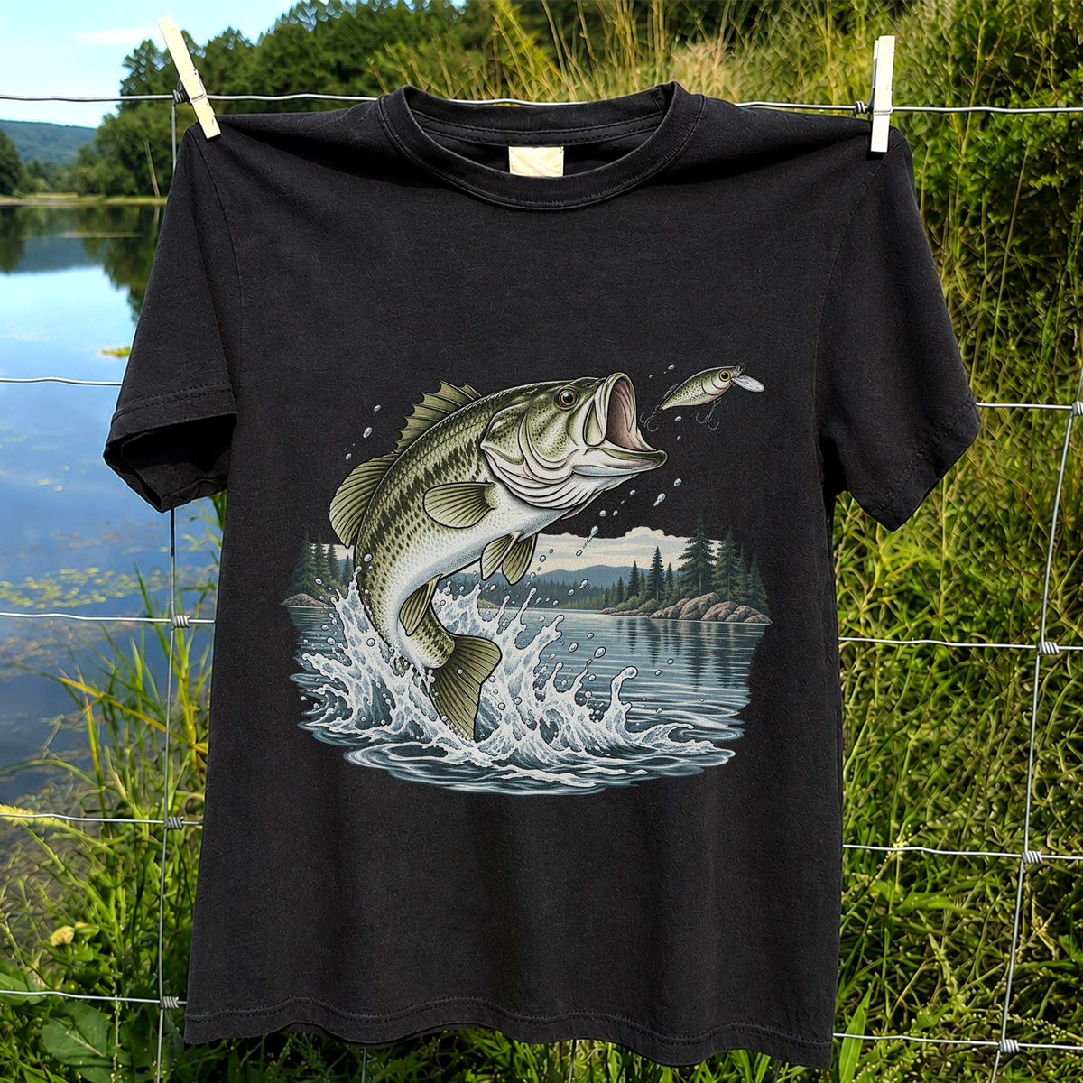 Jumping Largemouth Bass Chasing a Lure Lake Fishing Graphic T-Shirt