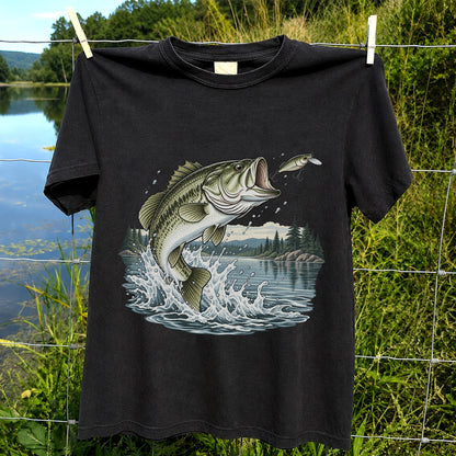 Jumping Largemouth Bass Chasing a Lure Lake Fishing Graphic T-Shirt