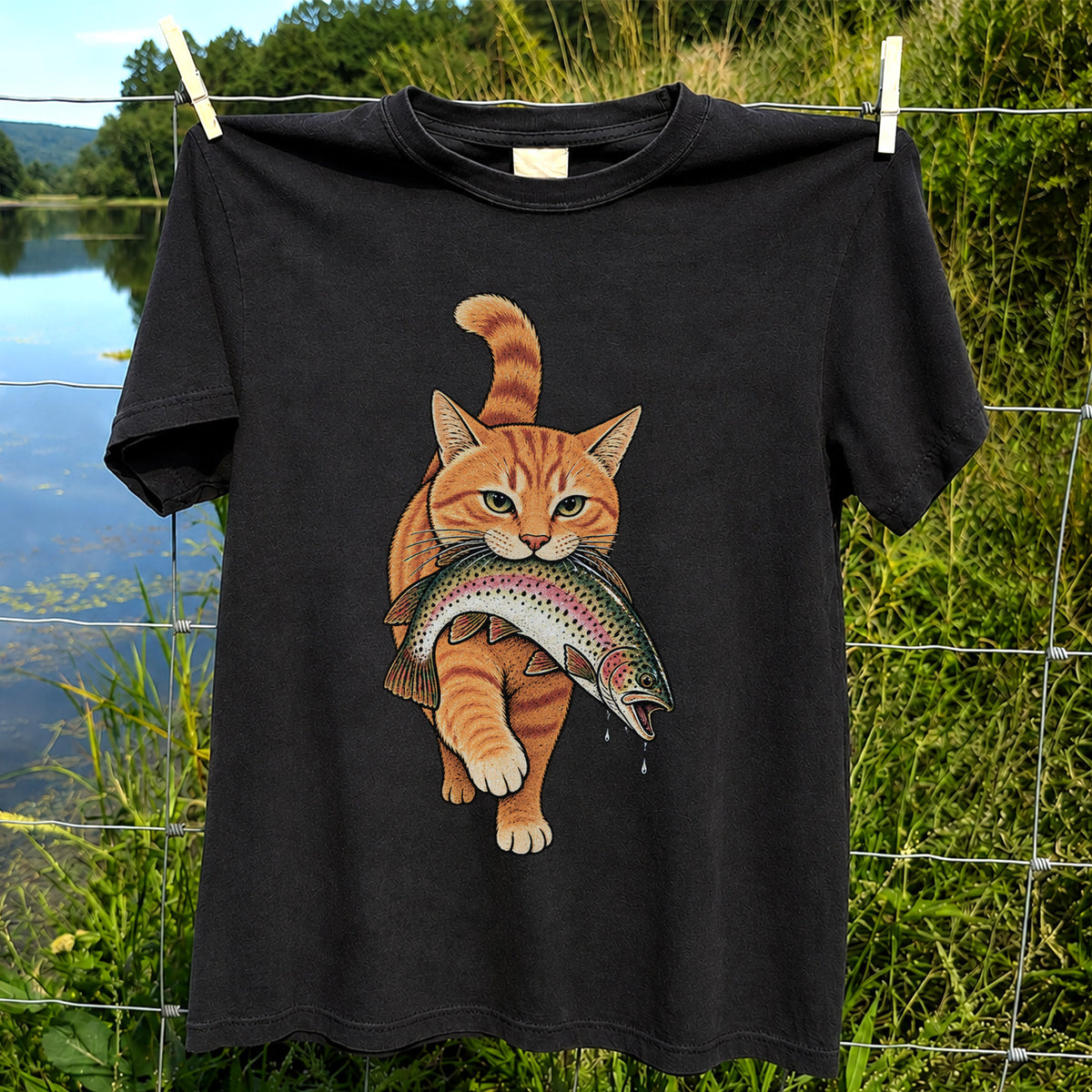 Cat Holding Trout Funny Fishing Graphic T-Shirt