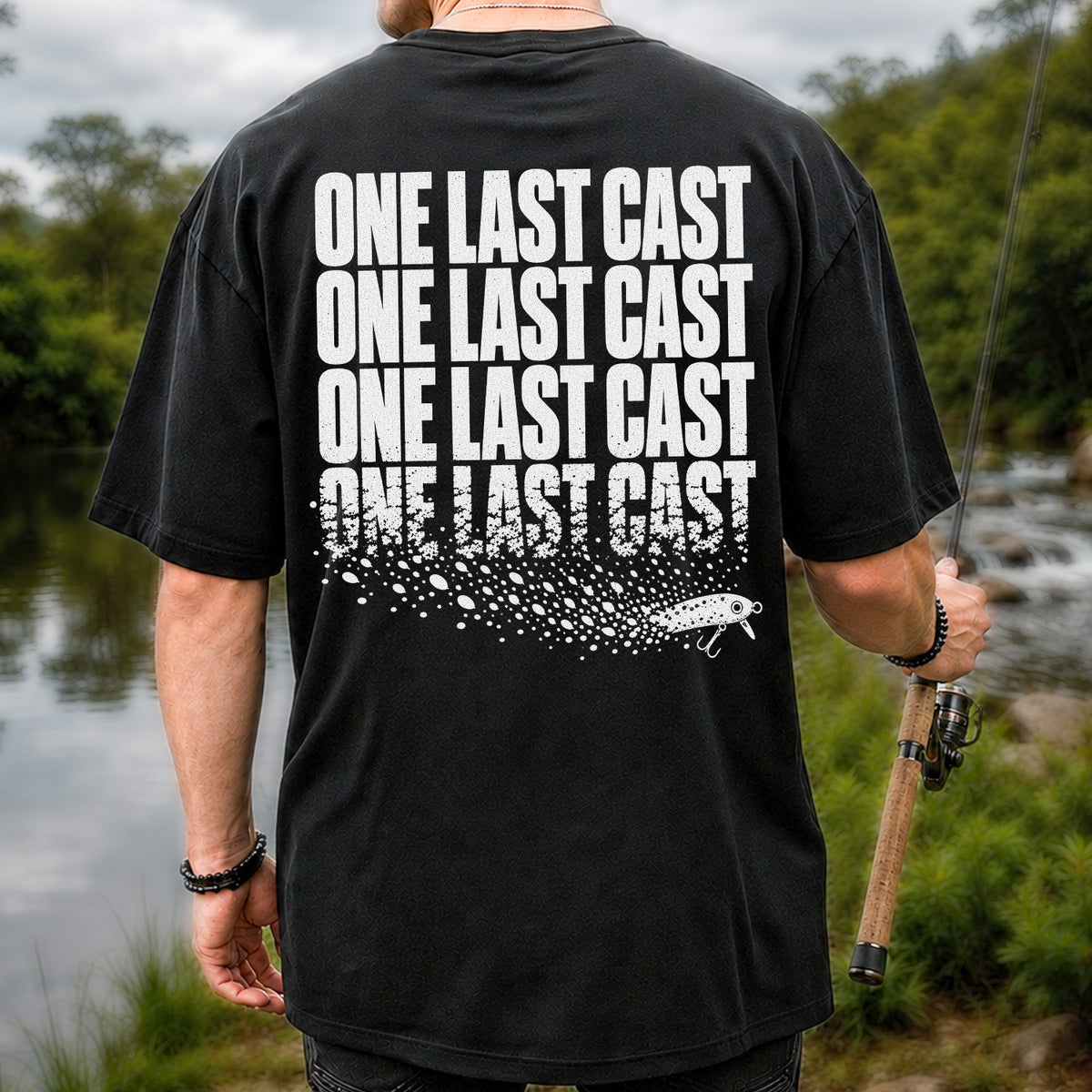 One Last Cast Repeating Fishing Lure Graphic T-Shirt | Back Print