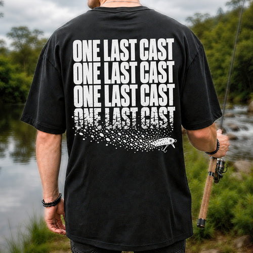 One Last Cast Repeating Fishing Lure Graphic T-Shirt | Back Print
