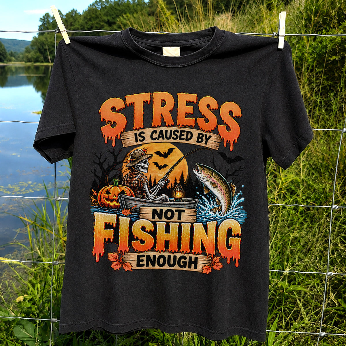 Stress Is Caused by Not Fishing Enough Skeleton Halloween Trout T-Shirt