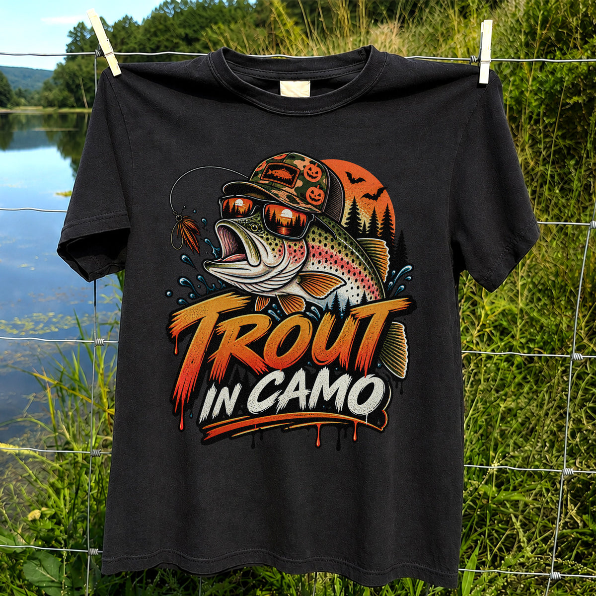 Trout in Camo Halloween Rainbow Trout Fishing Graphic T-Shirt