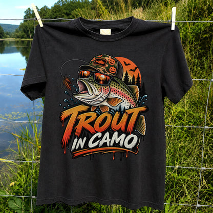 Trout in Camo Halloween Rainbow Trout Fishing Graphic T-Shirt