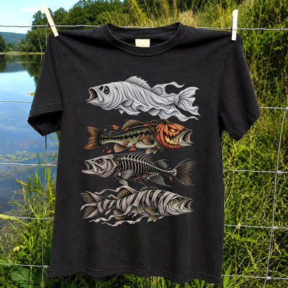 Halloween Bass Ghost Pumpkin Skeleton and Mummy Fish Graphic T-Shirt