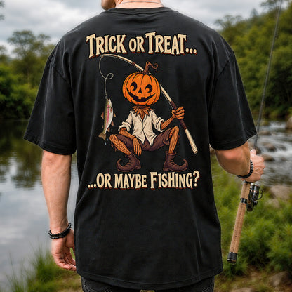 Trick or Treat Or Maybe Fishing Pumpkin Angler with Trout Halloween T-Shirt | Back Print