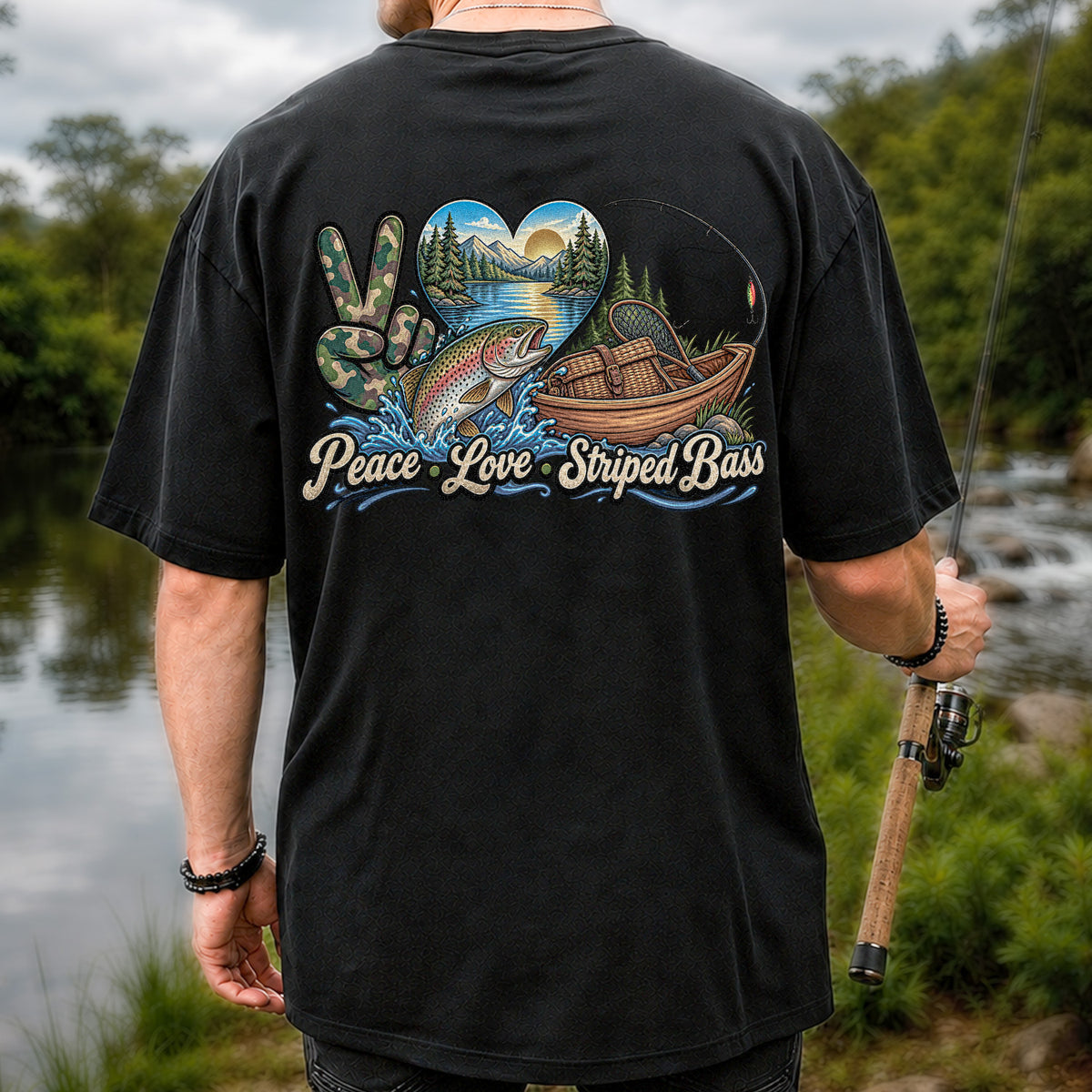 Peace Love Striped Bass Lake and Boat Fishing Graphic T-Shirt | Back Print