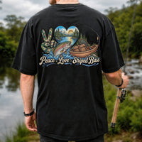 Peace Love Striped Bass Lake and Boat Fishing Graphic T-Shirt | Back Print