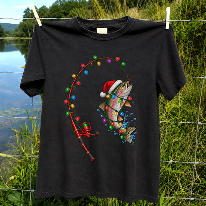 Christmas Rainbow Trout with Santa Hat and Lights Fishing T-Shirt