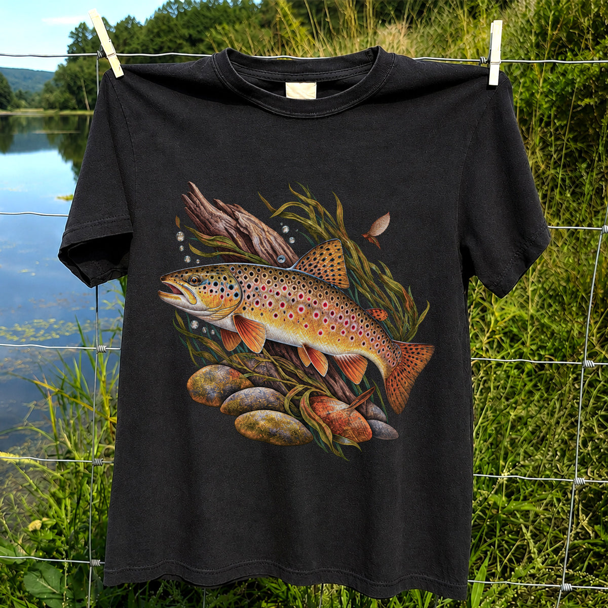 Vintage Brown Trout River Fishing Graphic T-Shirt