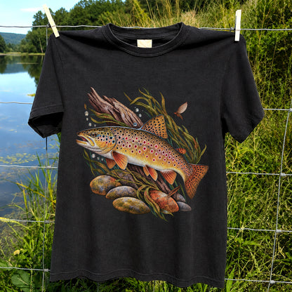 Vintage Brown Trout River Fishing Graphic T-Shirt