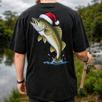Santa Hat Walleye Christmas Fishing Graphic T-Shirt | Back Print