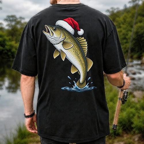 Santa Hat Walleye Christmas Fishing Graphic T-Shirt | Back Print