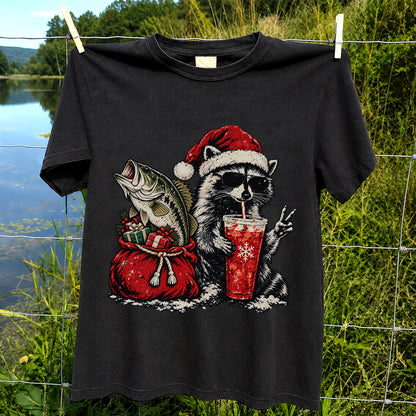 Santa Raccoon Sharing a Bass Christmas Fishing Graphic T-Shirt