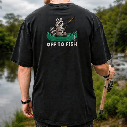 Off to Fish Raccoon in a Canoe Funny Fishing Graphic T-Shirt | Back Print