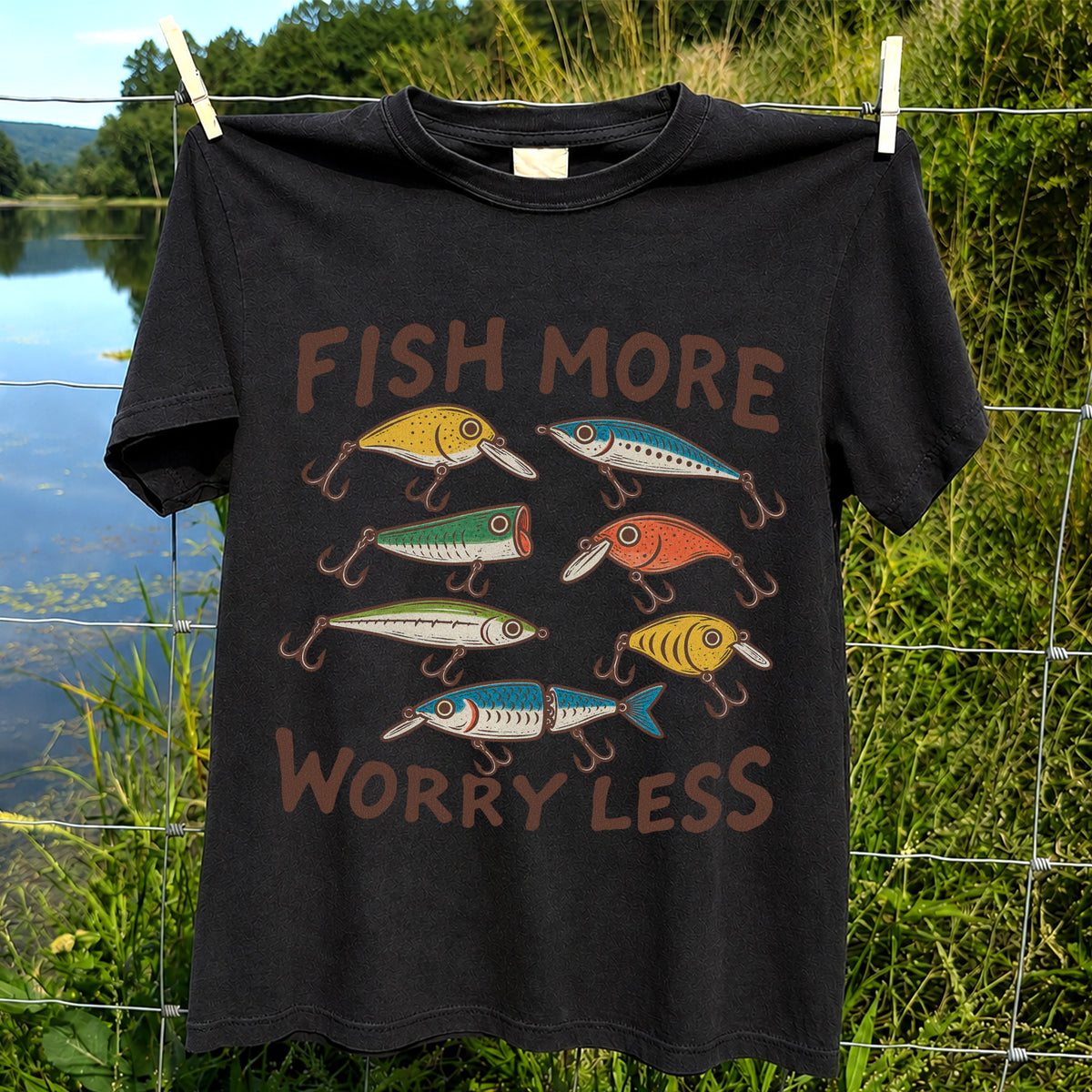Colorful Fishing Lures and Hooks Graphic T-Shirt