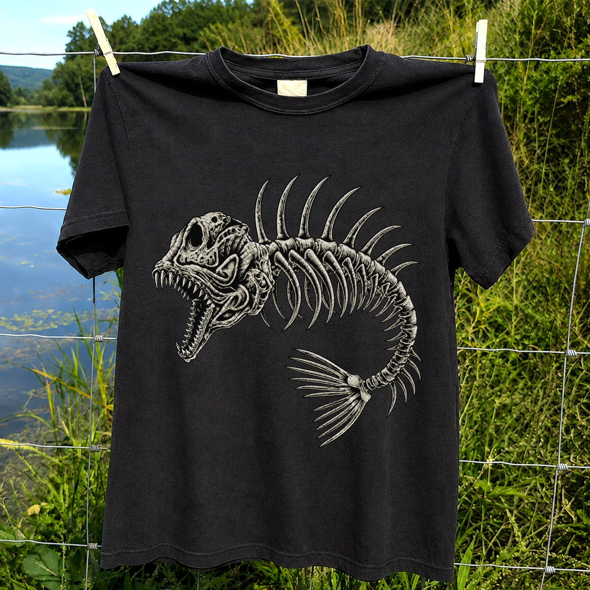 Gothic Fish Skeleton Fishing Graphic T-Shirt