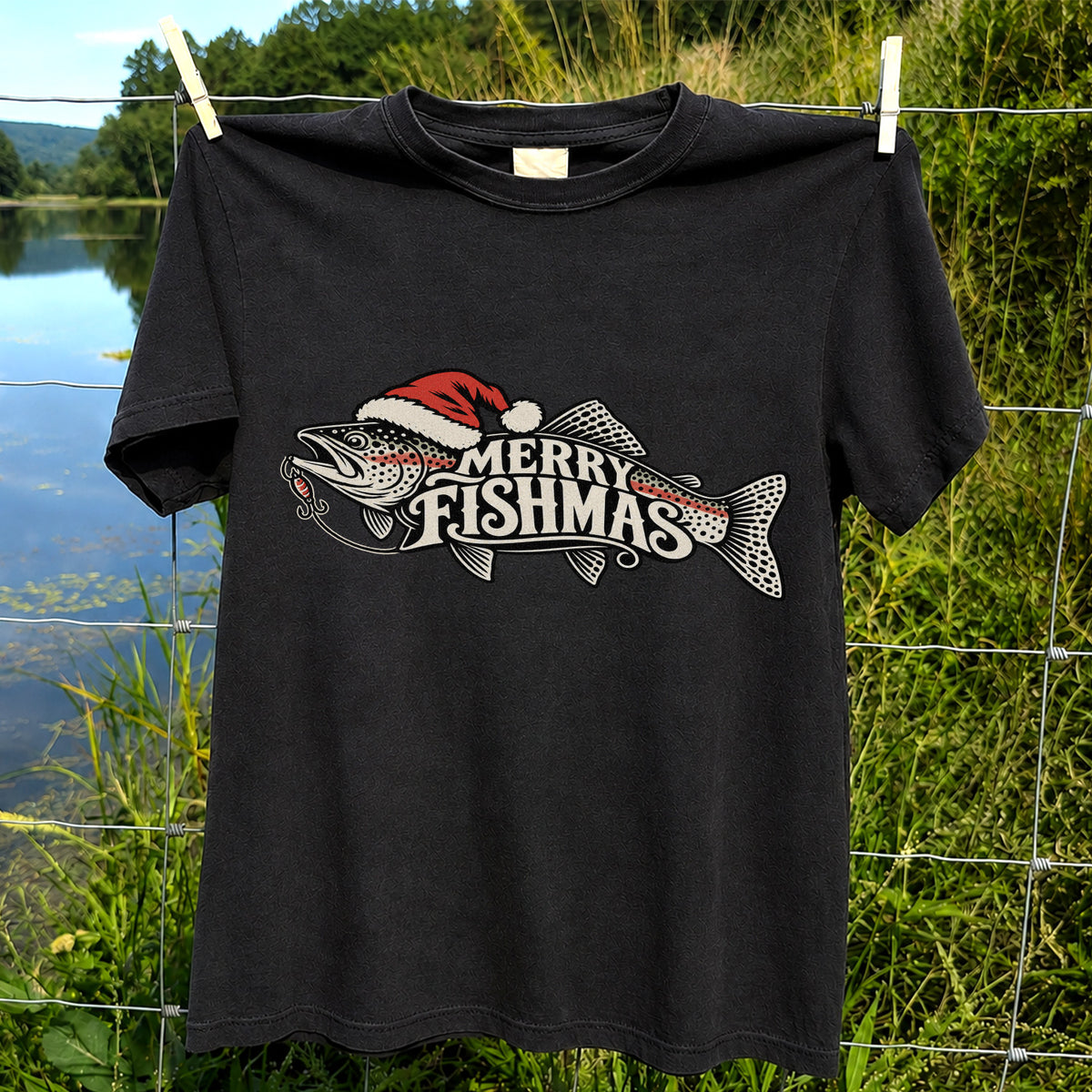 Merry Fishmas Rainbow Trout with Red Santa Hat and Lure Fishing T-Shirt
