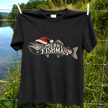 Merry Fishmas Rainbow Trout with Red Santa Hat and Lure Fishing T-Shirt
