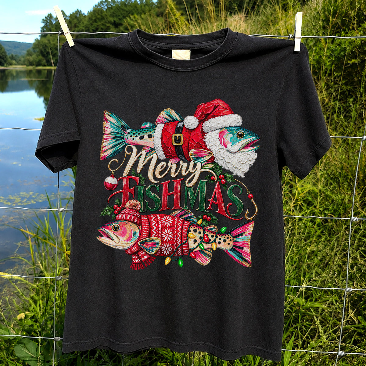 Merry Fishmas Santa Fish Christmas Fishing Graphic T-Shirt