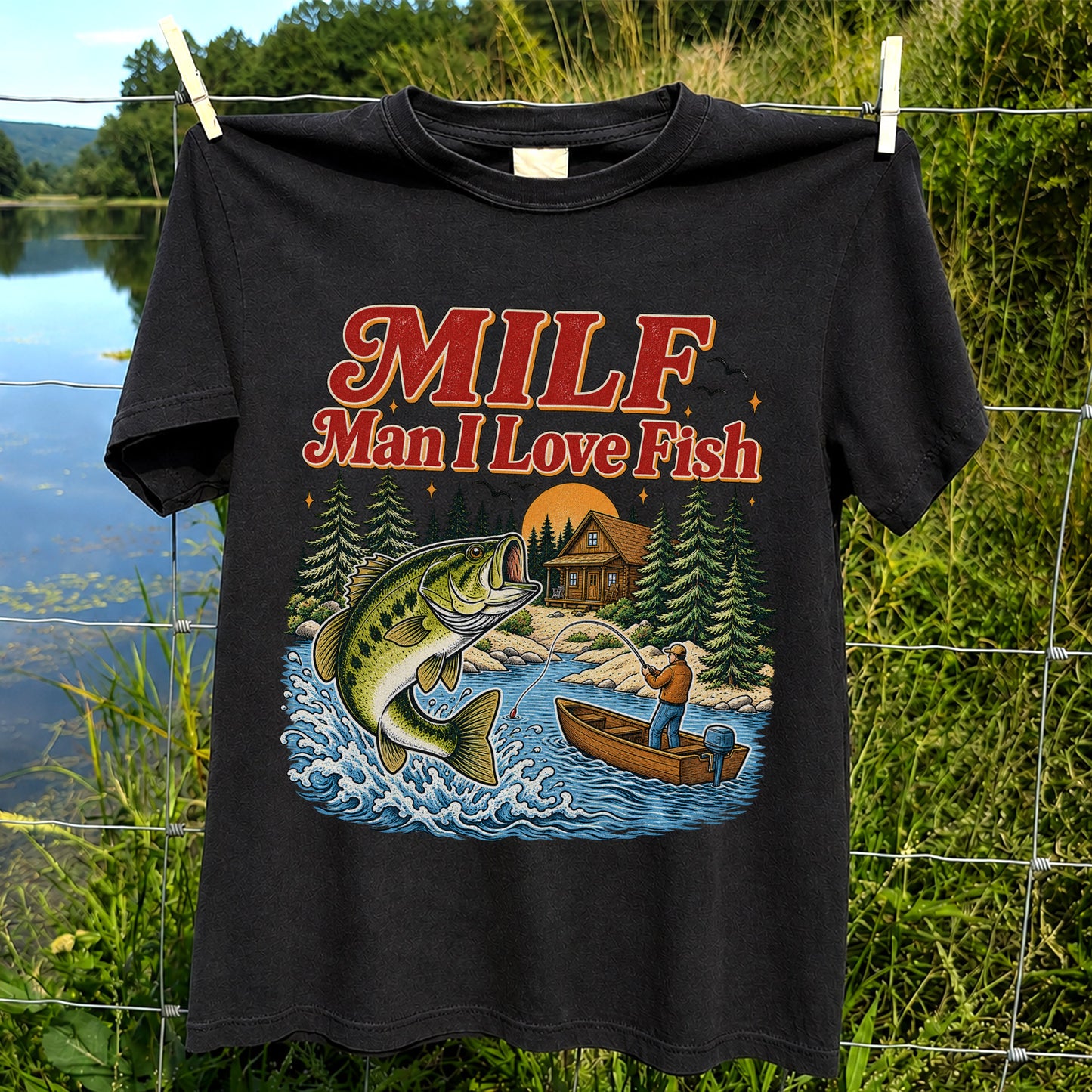 MILF Man I Love Fish Bass Lake Fishing Graphic T-Shirt