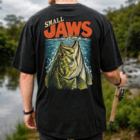 Small Jaws Bass Chasing a Fishing Lure Retro Graphic T-Shirt | Back Print