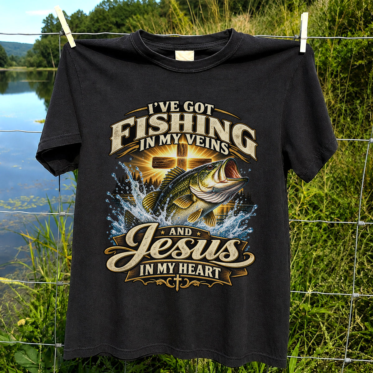 I've Got Fishing in My Veins and Jesus in My Heart Bass and Cross T-Shirt