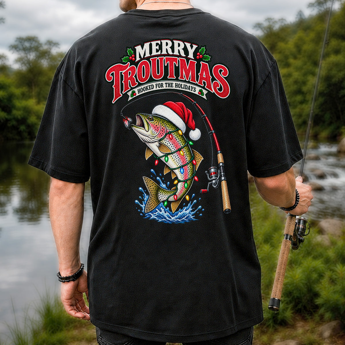 Merry Troutmas Hooked for the Holidays Rainbow Trout Christmas Fishing T-Shirt | Back Print