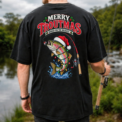 Merry Troutmas Hooked for the Holidays Rainbow Trout Christmas Fishing T-Shirt | Back Print