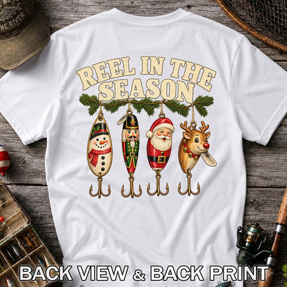Reel in the Season Christmas Fishing Lures Graphic T-Shirt | Back Print