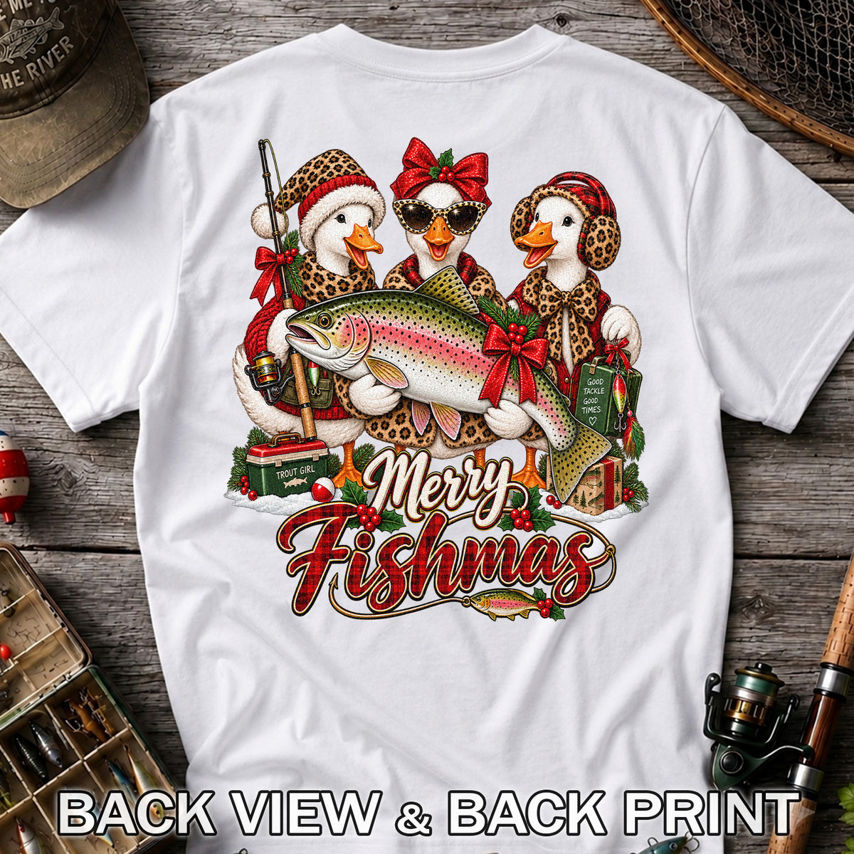 Merry Fishmas Christmas Ducks with Rainbow Trout Fishing T-Shirt | Back Print