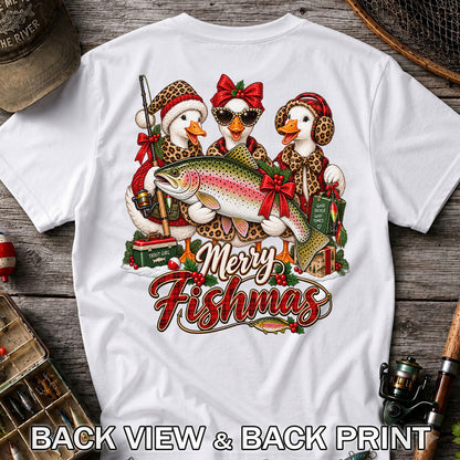 Merry Fishmas Christmas Ducks with Rainbow Trout Fishing T-Shirt | Back Print