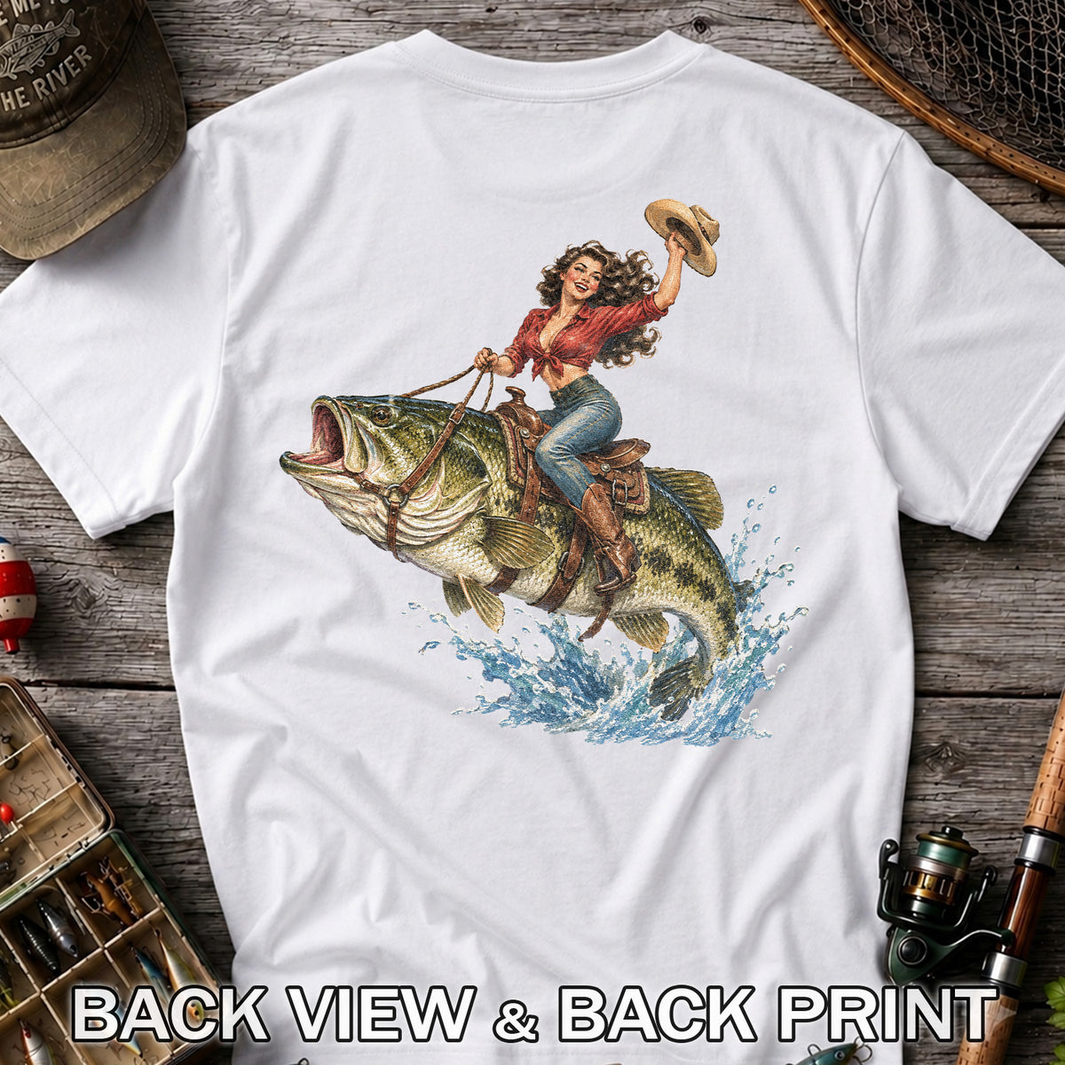 Vintage Cowgirl Riding a Largemouth Bass Fishing Graphic T-Shirt | Back Print