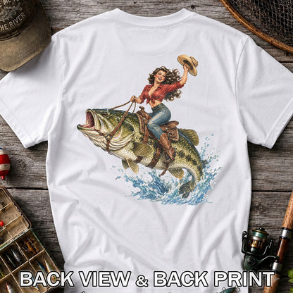 Vintage Cowgirl Riding a Largemouth Bass Fishing Graphic T-Shirt | Back Print