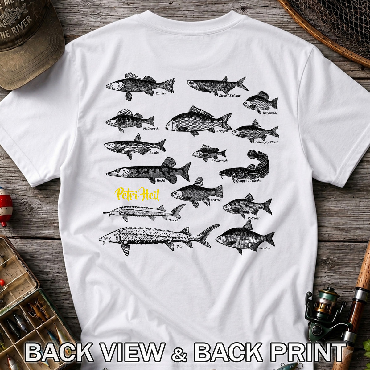 German Freshwater Fish Species Chart Fishing Graphic T-Shirt | Back Print