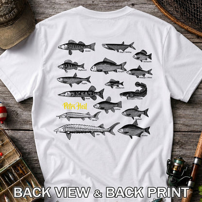 German Freshwater Fish Species Chart Fishing Graphic T-Shirt | Back Print