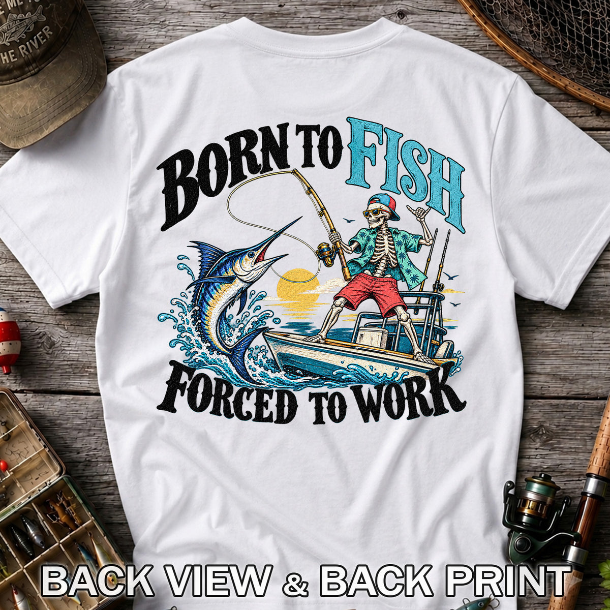 Skeleton Marlin Fishing Boat Graphic T-Shirt | Back Print