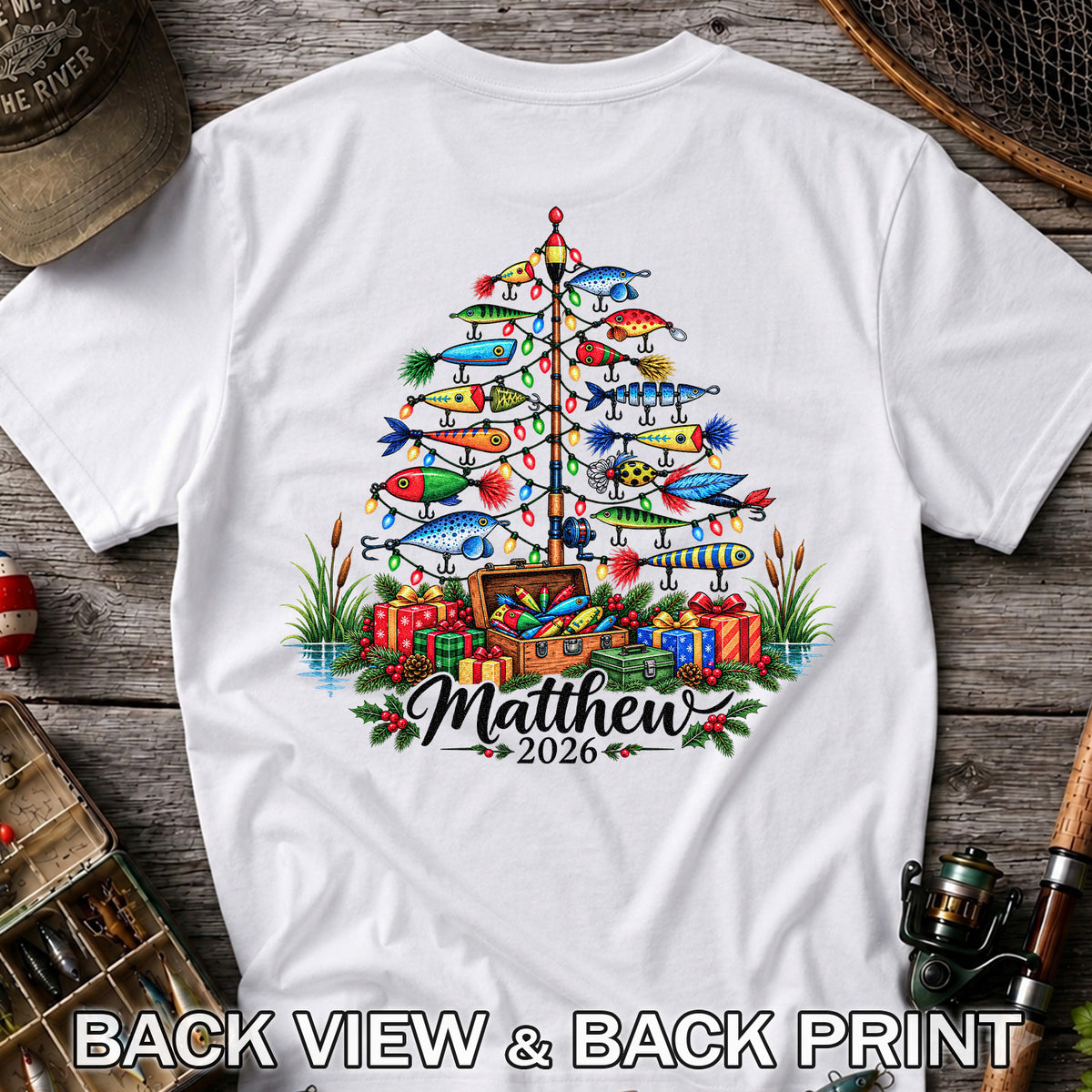 Personalized Christmas Fishing Lure Tree Name Graphic T-Shirt | Back Print