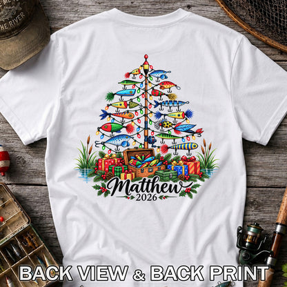 Personalized Christmas Fishing Lure Tree Name Graphic T-Shirt | Back Print