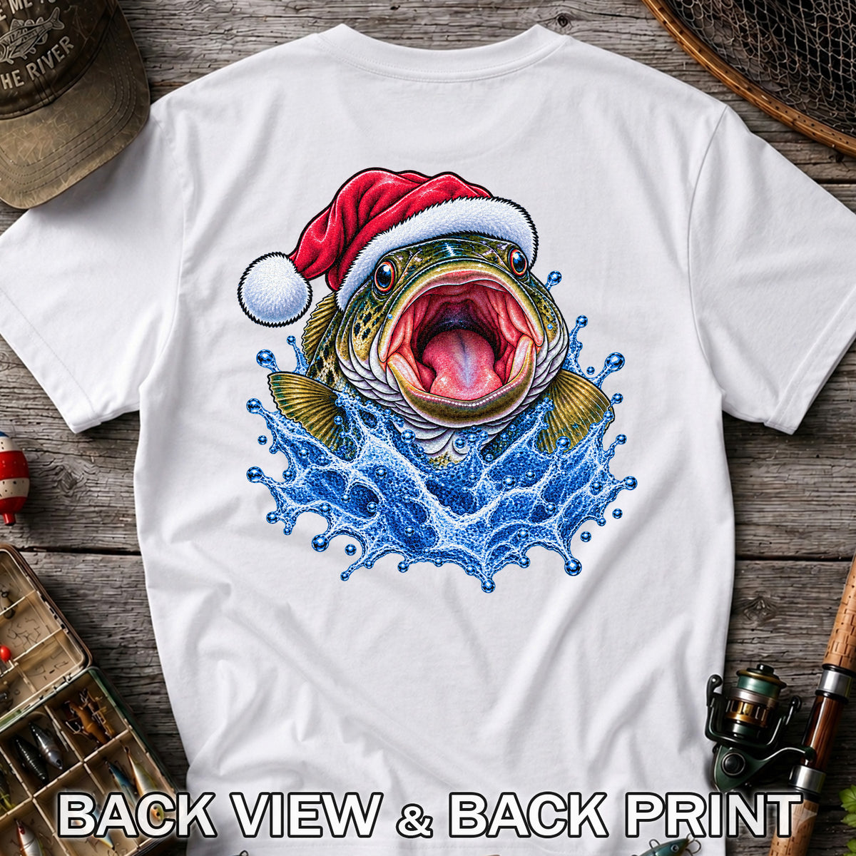 Santa Hat Bass Splash Fishing Graphic T-Shirt | Back Print