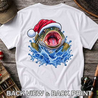 Santa Hat Bass Splash Fishing Graphic T-Shirt | Back Print