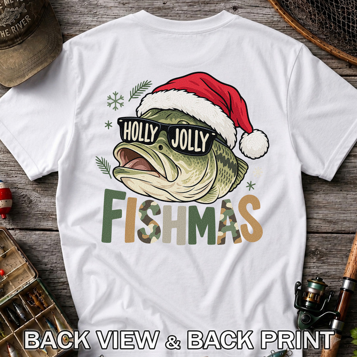 Bass Wearing Santa Hat and Holiday Glasses Fishing Graphic T-Shirt | Back Print