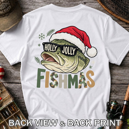 Bass Wearing Santa Hat and Holiday Glasses Fishing Graphic T-Shirt | Back Print