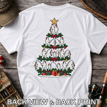 Christmas Tree with Anglers and Rainbow Trout Fishing Graphic T-Shirt | Back Print