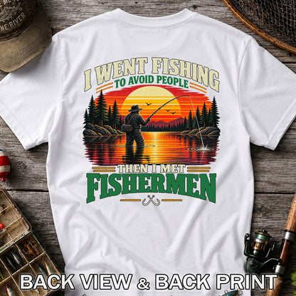 Sunset Fisherman Fishing Humor Graphic T-Shirt | Back Print