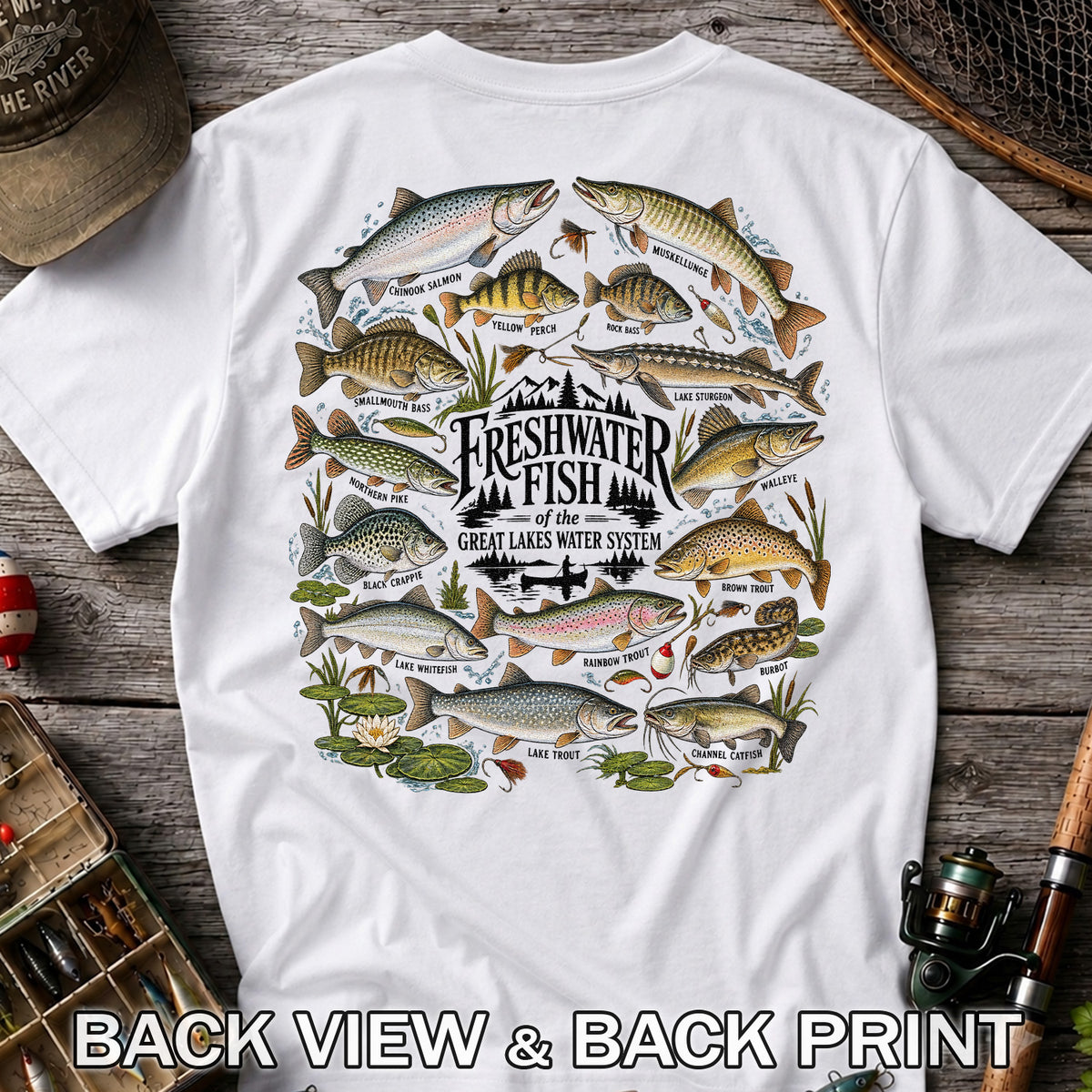 Freshwater Fish of the Great Lakes Water System Graphic T-Shirt | Back Print
