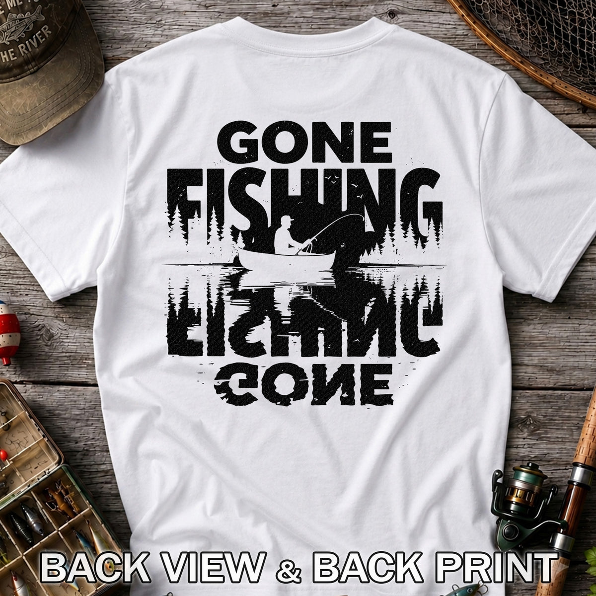 Gone Fishing Lake Adventure Angler Graphic T-Shirt | Back Print