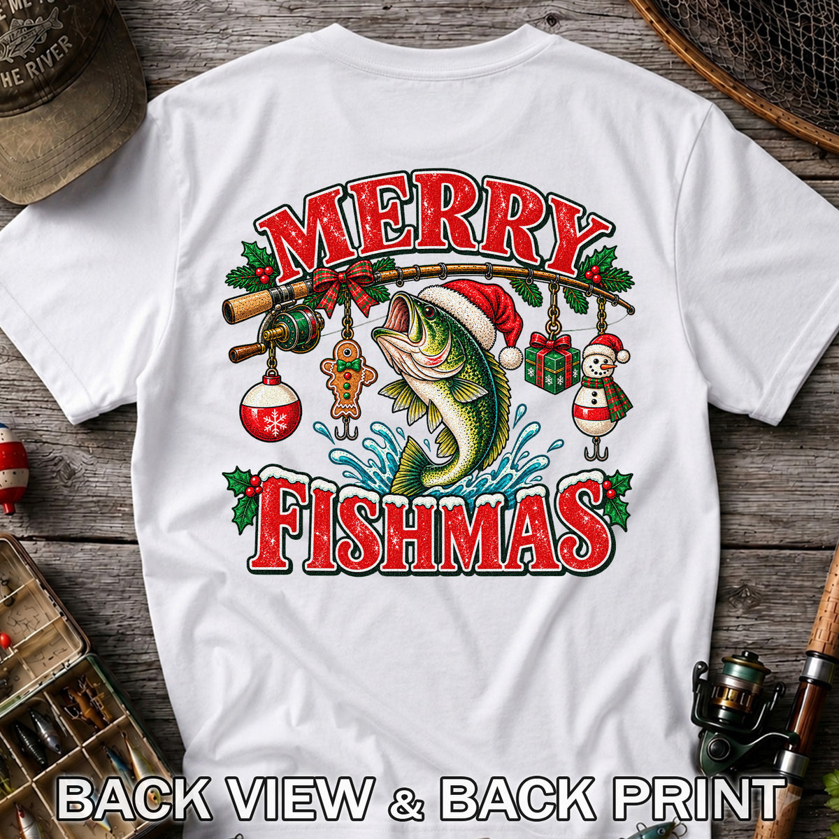 Merry Fishmas Santa Bass Christmas Fishing Graphic T-Shirt | Back Print